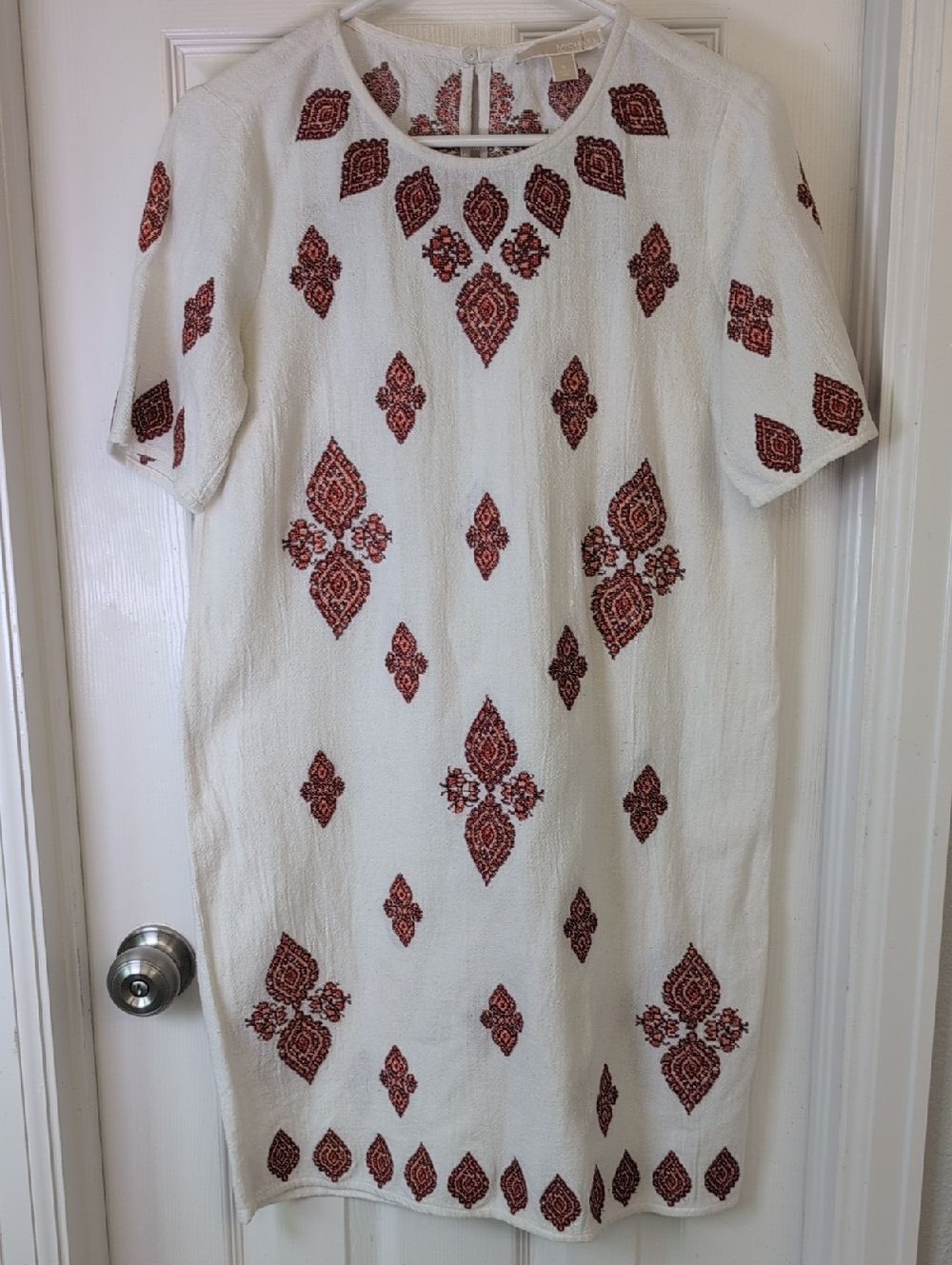 MICHAEL Michael Kors 100% Cotton White Midi Dress with Red Embroidered Motifs